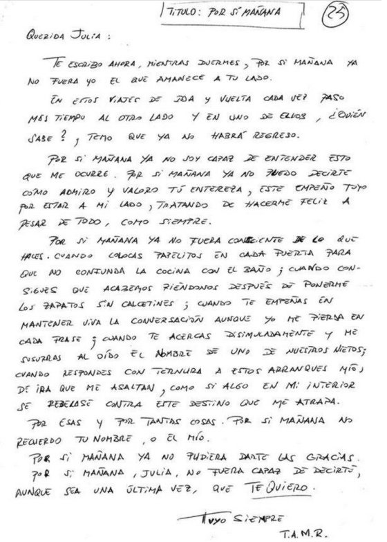 Por si mañana parece que está gustando. Está inspirada en esta carta ficticia del periodista <a href="/J__Espada/">Jesús Espada</a> sobre un enfermo de Alzheimer. youtu.be/QoDR8m6vNIQ