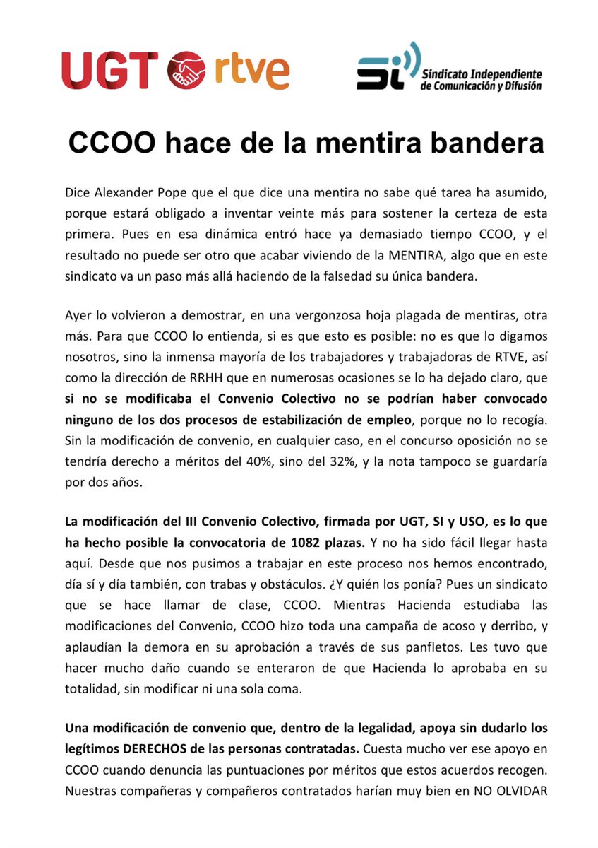 SindicatoSIRTVE's tweet photo. CCOO hace de la mentira bandera. Si no se modificaba el Convenio Colectivo no se podrían haber convocado ninguno de los dos procesos de estabilización de empleo en #rtve. 

Nota de @SindicatoSIRTVE y @UGTRTVE. 

Toda la información en nuestra web: 

https://t.co/dFVZv9SSpO https://t.co/5A3IswKWE5