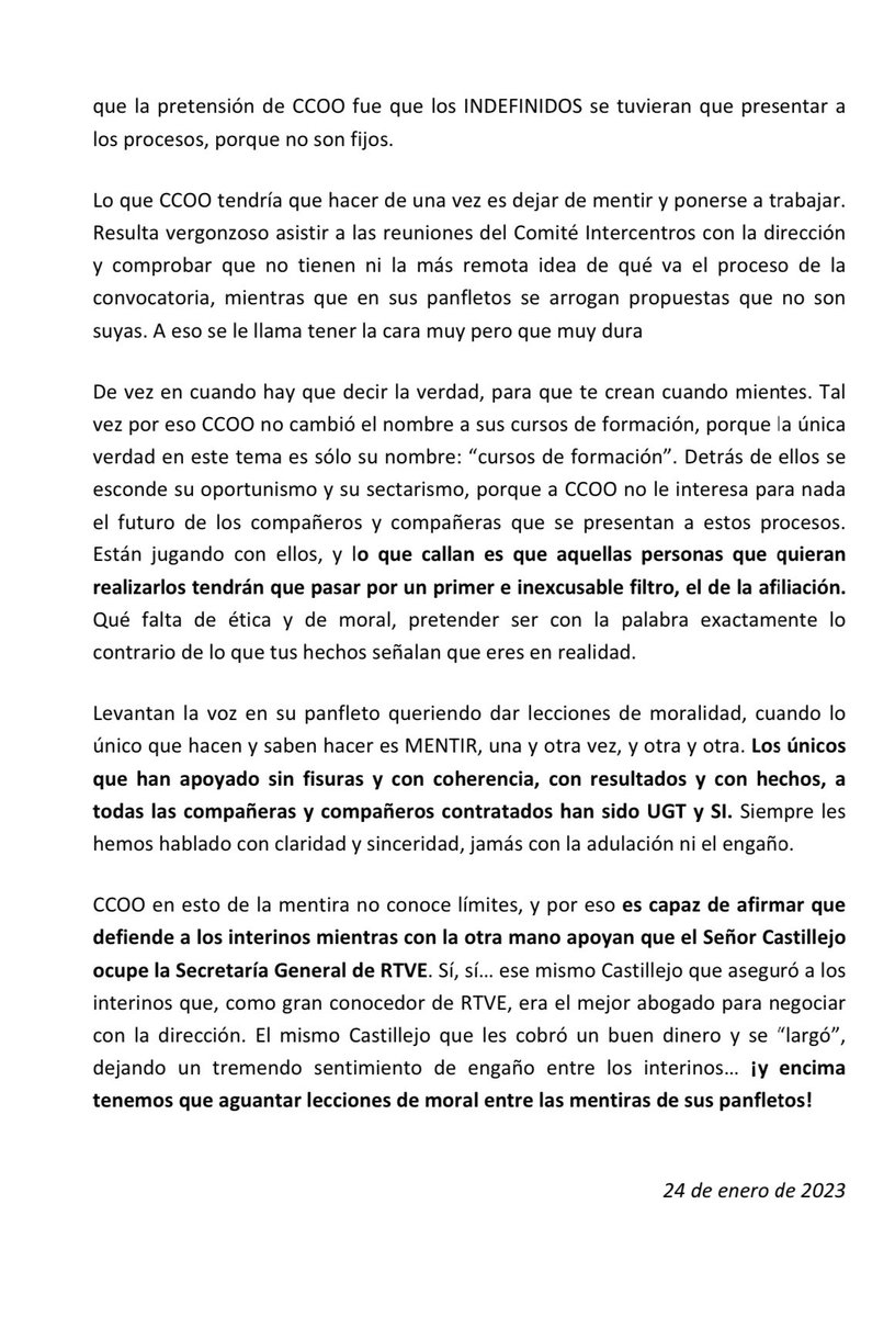 SindicatoSIRTVE's tweet photo. CCOO hace de la mentira bandera. Si no se modificaba el Convenio Colectivo no se podrían haber convocado ninguno de los dos procesos de estabilización de empleo en #rtve. 

Nota de @SindicatoSIRTVE y @UGTRTVE. 

Toda la información en nuestra web: 

https://t.co/dFVZv9SSpO https://t.co/5A3IswKWE5