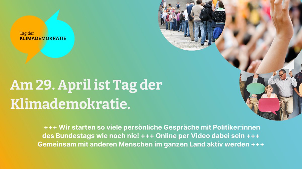 Hallo Bundestag, wie werden wir #EndlichFossilfrei? 
Am 29. April ist #TagDerKlimademokratie. Sei dabei und stelle der Politik deine Klimafragen! 
Hier gibts alle Infos: TagDerKlimademokratie.de
Folgt @klimademokratie, um auf dem Laufenden zu bleiben.