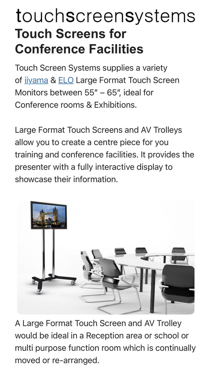 touch_screen_s's tweet photo. Touch Screens for Conference Facilities
Touch Screen Systems supplies a variety of iiyama &amp; ELO Large Format Touch Screen Monitors between 55″ – 65″, ideal for Conference rooms &amp; Exhibitions.

https://t.co/s6n0Ltf0Cf

#touchscreen #TouchscreenMonitor #conference #EloTouch #iiyama https://t.co/3VXTGbyiYq