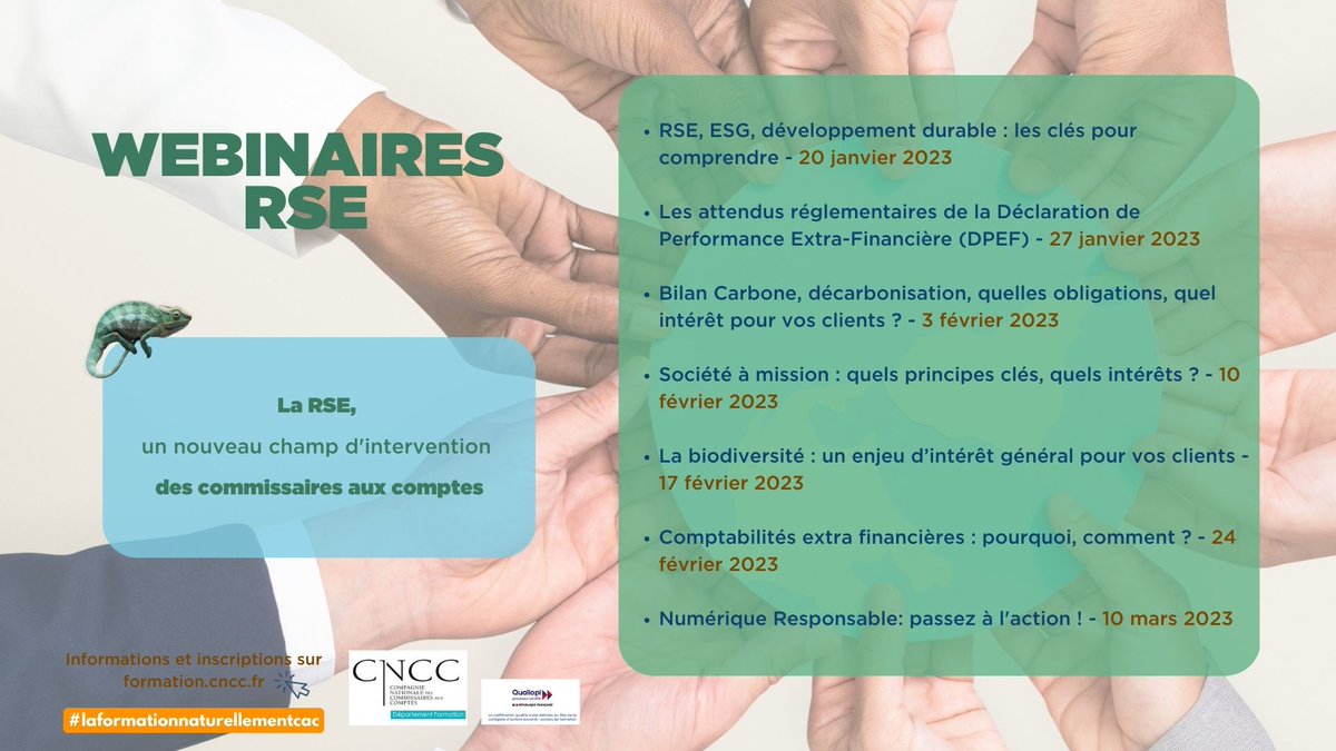 📢 #CAC le cycle de 7 webinaires RSE a commencé ! La prochaine porte sur la biodiversité. Les experts du cabinet de Saint Front seront en direct de 8h30 à 10h pour répondre à vos questions
🗓️ le 17/02/2023 
➡️ bit.ly/3GlOsRY 
#laformationnaturellementcac