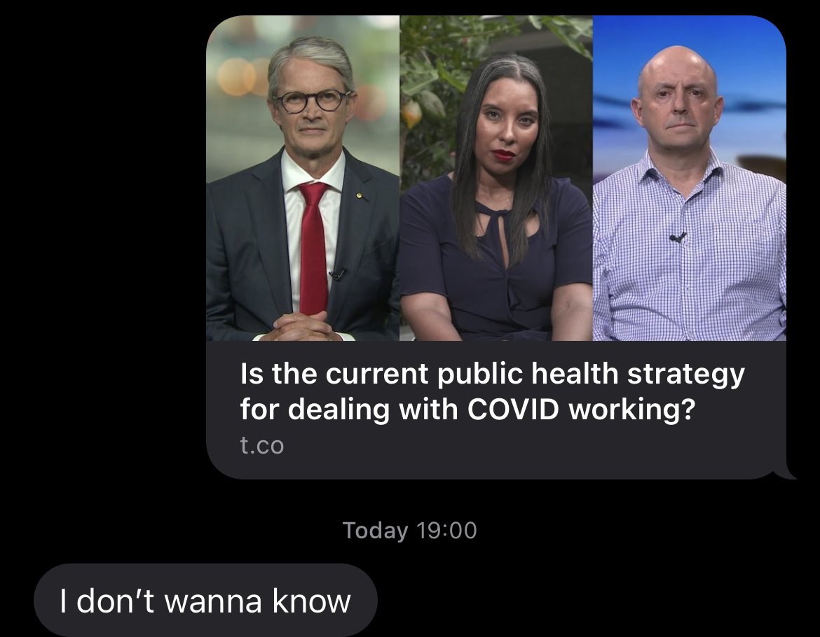 This is the response I got from a family member after trying to show them the 7:30 segment on COVID, really shows the attitude of the general public after a year of minimising. #CovidIsNotOver #730report #COVIDaus
