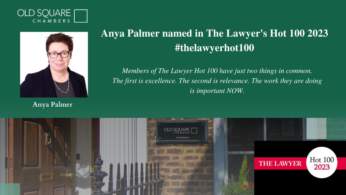 Many congratulations to @OldSqChambers' Anya Palmer @anyabike who has been named in @TheLawyermag Hot 100 2023 - oldsquare.co.uk/anya-palmer-na… #TheLawyerHot100