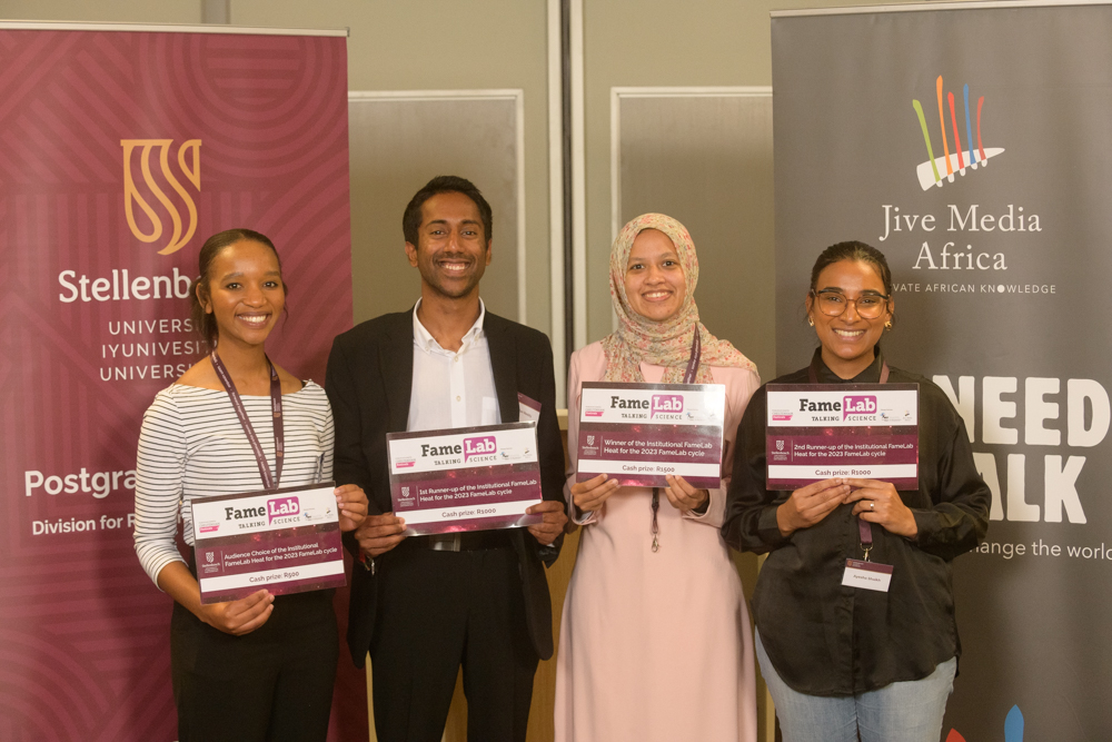 JiveMediaAfrica's tweet photo. Congratulations to #FameLabSA 2023 @StellenboschUni winner: Taskeen Ebrahim (Engineering); first runner-up: Kaylan Reddy (Medicinal Plant Sciences) and second runner-up: Ayesha Shaikh (Plant Pathology)
Bookings are open: https://t.co/CvRcCKUbiA 
#ActivateAfricanKnowledge https://t.co/YpkLehXnVy
