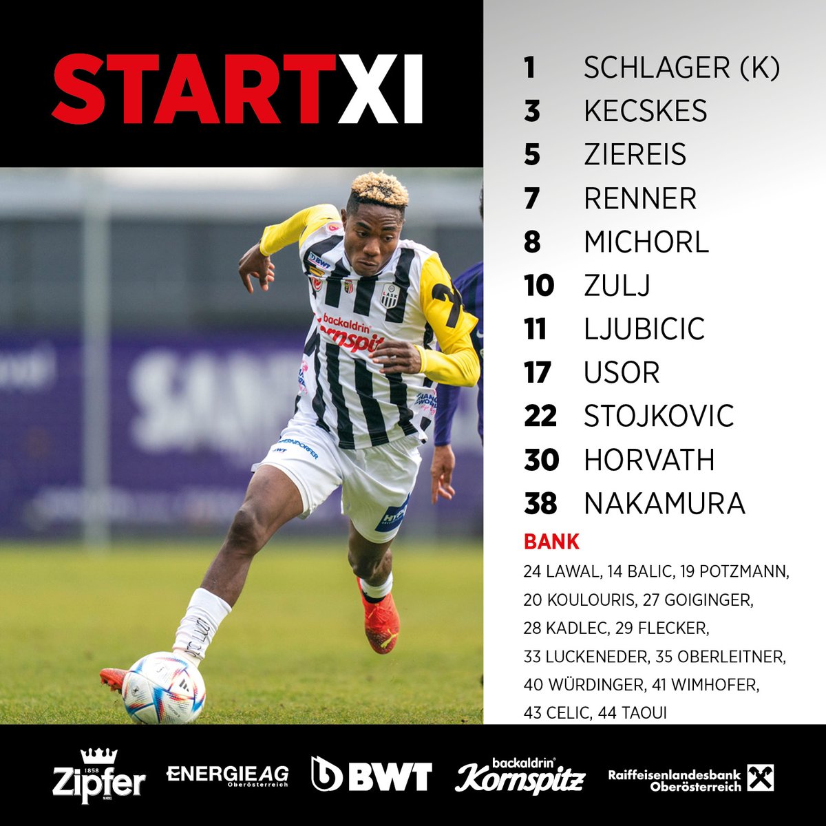 LASK_Official's tweet photo. Unsere Aufstellung für das zweite Testspiel in Belek:
🆚 @FCCSKA
🕐 Ankick: 13:00 MEZ  
📺 Livestream: https://t.co/5jw2bV0Q4e #ASKSOF #Testspiel https://t.co/AC3cazULm4