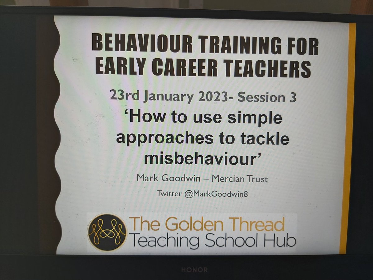 MarkGoodwin8's tweet image. Part 3 of the @GoldenThreadTSH #behaviour series with a wonderful group of #ECTs...plus a special guest appearance by @ClareOberman !
We covered behaviour language; scripts; mistakes; distract, deflect &amp;amp; divert; all with the intention of de-escalating low-level misbehaviour.