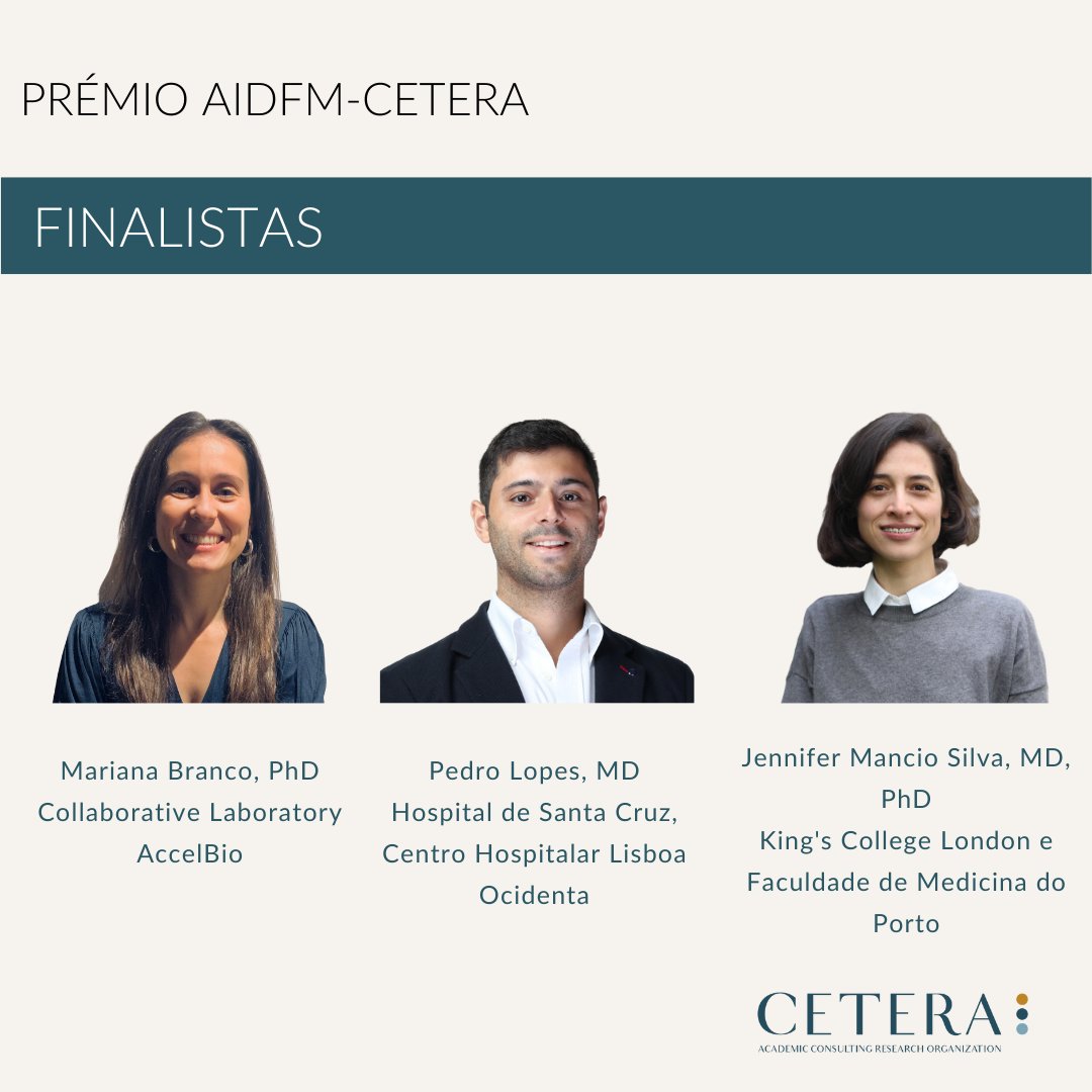 📢Os finalistas da 6.ª Edição do Prémio AIDFM-CETERA para o melhor artigo publicado em 2022 na área cardiovascular são: Mariana Branco, Pedro Lopes e Jennifer Silva. Parabéns!🎉
Saiba tudo sobre o Top 3 em: bit.ly/3gn2N3Q
 #PrémioCETERA #DivulgaçãoCientífica #cardiologia