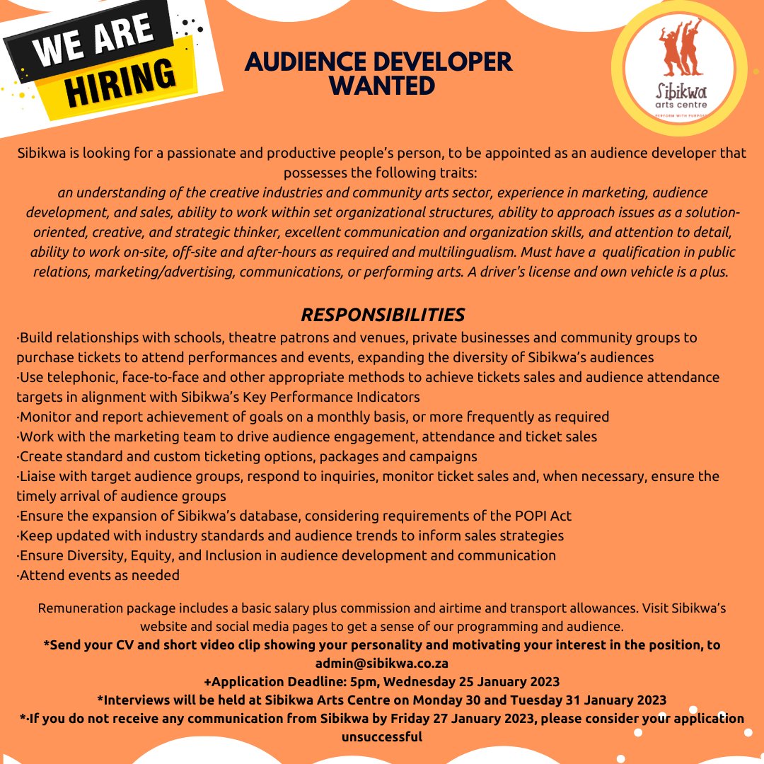 REMINDER!!

Don't forget to send your applications for our Audience Developer position at Sibikwa Arts Centre. Application deadline is 25th January 2023 <a href="/5pm/">5pm.co.uk</a> 

(See attached poster for full details)

#performwithpurpose
#opportunities
#sibikwaartscentre2023