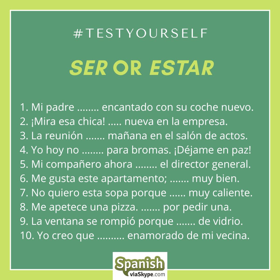 spanishrightnow's tweet photo. Fill the gaps using the verbs SER or ESTAR.
Test yourself!
We'll tweet the solutions in the comments in a few days.
#seroestar #learnSpanish #spanishclassesonline #studySpanish #Spanishclasses #Spanishlessons #spanishgrammar #gramáticaespañola #Testyourself #Spanishexercises https://t.co/bxHTPcVT6a