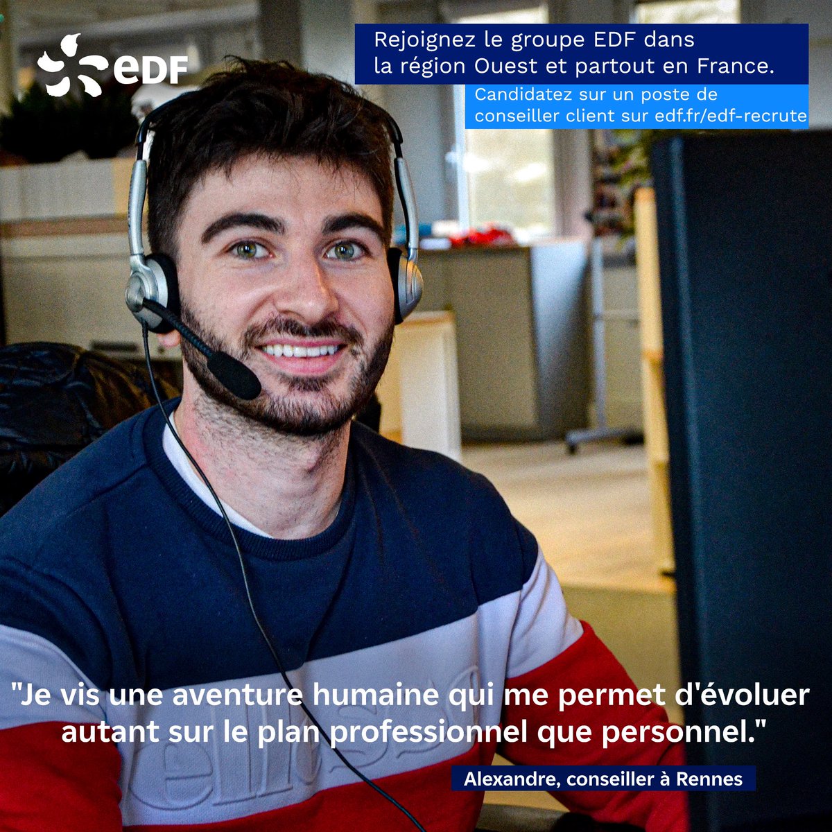 Rejoignez l’équipe de conseillers clients EDF de la Région Ouest en postulant directement sur notre site internet 👉 edf.fr/edf-recrute #recrutement #edf