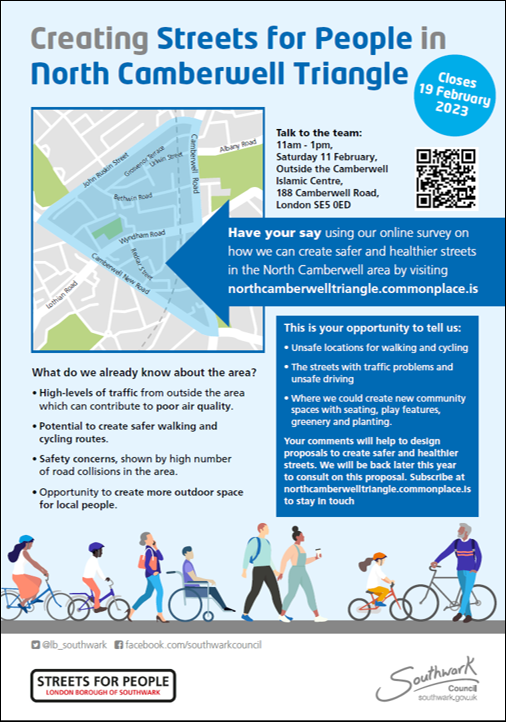 News that <a href="/lb_southwark/">Southwark Council</a> have just launched their engagement for a Streets for People project in North Camberwell. Details below and at:

northcamberwelltriangle.commonplace.is

Closes: 19th Feb

Background info at:

northcamberwelltriangle.commonplace.is/en-GB/proposal…
