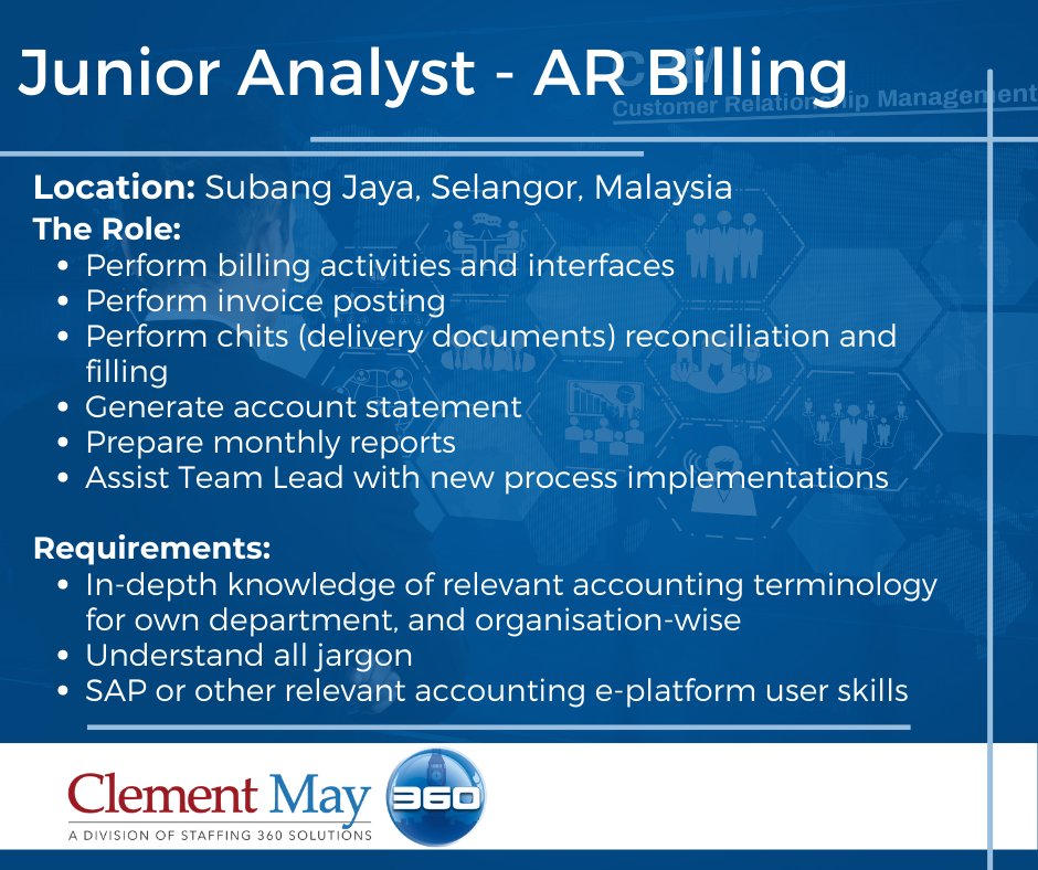 Clement May is looking for a Junior Analyst in Subang Jaya, Selangor, Malaysia.

#AnalystJobs #MalaysiaJobs #Hiring