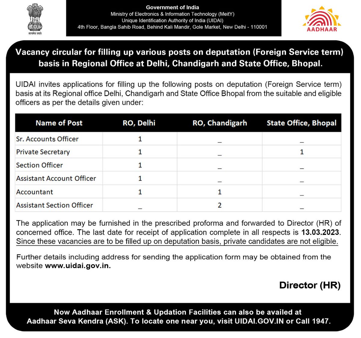 UIDAI's tweet image. #UIDAI invites #applications for various positions on a deputation basis (Foreign Service terms) at its ROs #Delhi, Chandigarh and State Office #Bhopal
For more information, please visit:
uidai.gov.in
The last date to apply is 13.03.2022