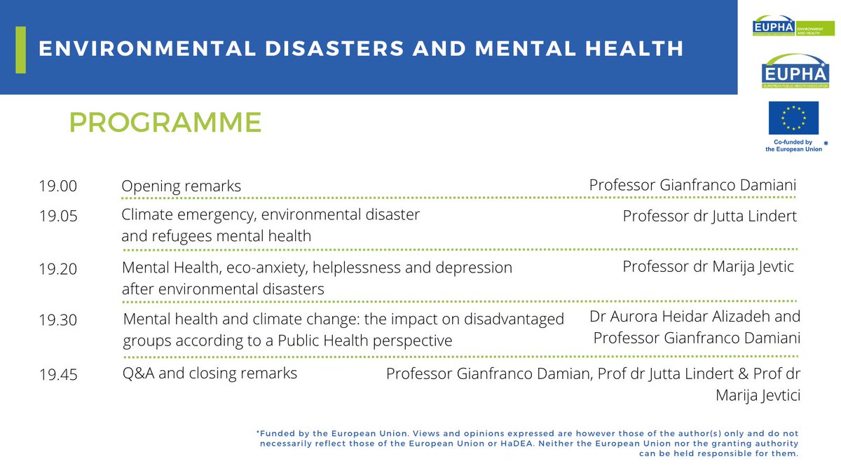 EUPHActs's tweet image. #ClimateEmergencies &amp;amp; #EnvironmentalDisasters impact #mentalhealth and there is increasing recognition they are linked with social health inequalities. Developing and applying methods to preserve mental health in strengthening community resilience to disasters is essential [...]