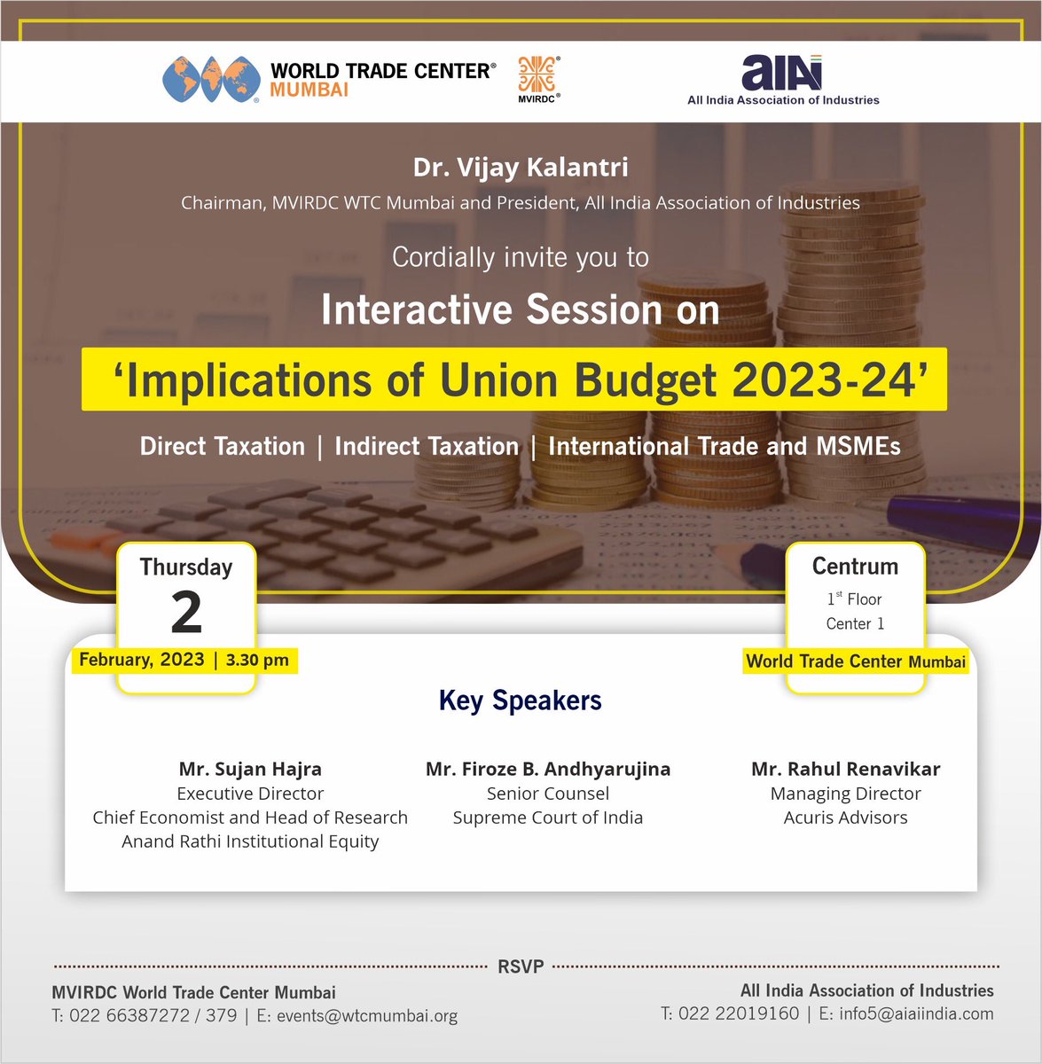 darjecon's tweet photo. Invitation for the Interacting Session on Implication of Union Budget 2023-2024 organised by MVIRDC World Trade Centre and All India Association of Industries on 2nd of February, 2023 at Centrum, World Trade Centre, Mumbai. https://t.co/KziNfLTix6