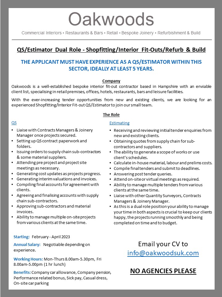 OAKWOODS ARE HIRING!!

#hiringstaff #jobsavailable #applynow #shopfitting #fitout #fitoutinteriors #vacancy #recruitment #nowhiring #hiring #vacancy #careers #QS #quantitysurveyor #estimator #estimatorjobs #quantitysurveyorjobs