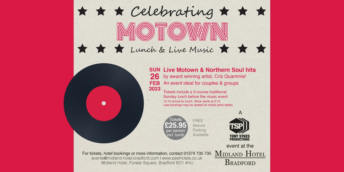 Join us for a fantastic lunch-time/afternoon event featuring a 3-course traditional Sunday lunch followed by the best #northernsoul &amp; #motown hits performed live by Soul Sensation Cris Quammie.
Tickets cost £25.95pp including lunch, or £10pp for show-only tickets (no lunch).