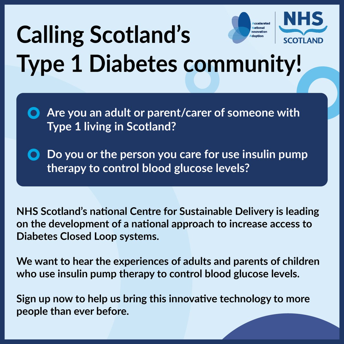 🧵 1/6 Calling Scotland’s #Type1Diabetes community! Are you an adult or parent/carer of someone with #Type1Diabetes living in Scotland? Do you or your child/the person you care for use an #InsulinPump to control blood glucose levels? If so, we need your help!