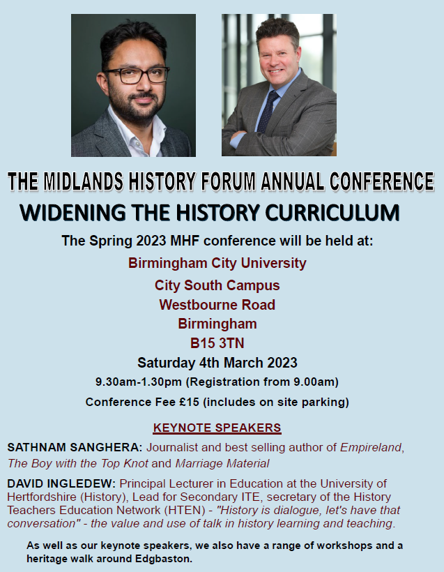 helen_history's tweet photo. The Midlands History Forum is coming to @MyBCU ! Keynote presentations from @Sathnam and @ingledew_j alongside a host of excellent workshops. 4th March, don't miss out - tickets available now https://t.co/o4plf38gEI https://t.co/i2e3Eim7lF