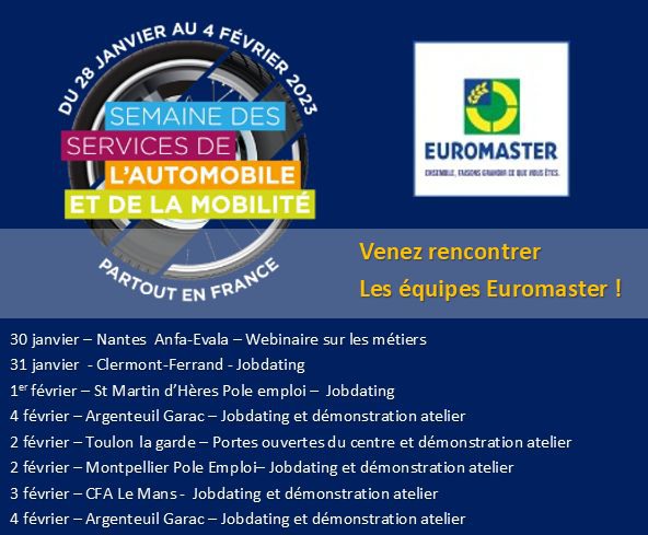 [SSAM2023] Les équipes <a href="/Euromaster_Fr/">Euromaster France</a> vous font découvrir les métiers de la maintenance véhicules : RDV la semaine prochaine partout en France.
Plus d'infos sur les évènements : semaine-services-auto.com/programme/
Euromaster, toujours là.
#SSAM2023 #automobile #mobilité #métiers #emplois