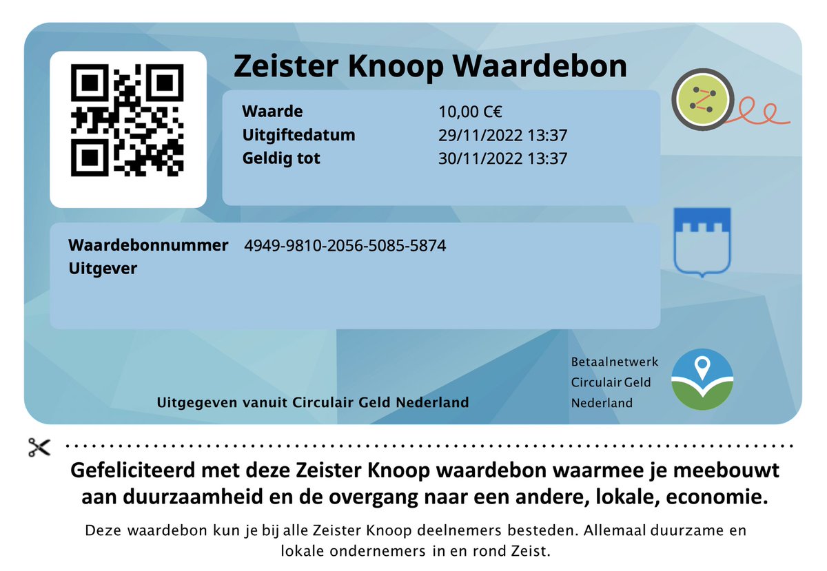 Heb jij ‘m al gespot? De Zeister Knoop Waardebon! Hiermee kun je bij de deelnemende bedrijven betalen en hoef je geen eigen #ZeisterKnoop rekening te hebben. Daarmee is dit bij uitstek een mooie cadeaubon voor bedankjes of verjaardagen.

zeisterknoop.nl

#duurzaam #zeist