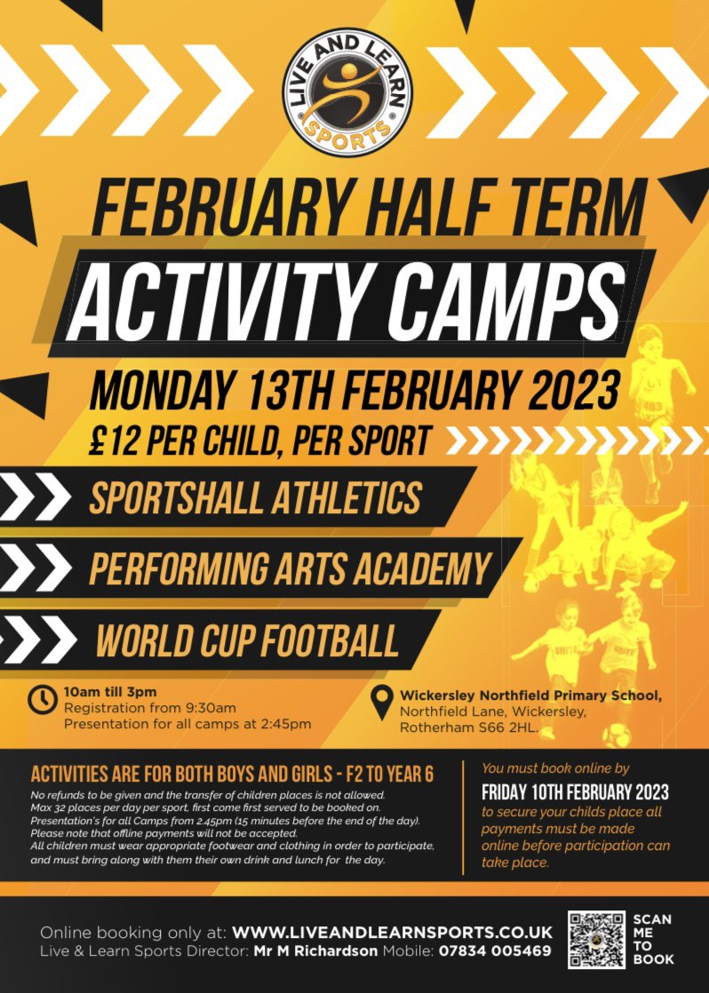 HALF TERM FUN 🤸🏽‍♂️⚽️🏃🏻‍♂️ 

Another half term is fast approaching and we are excited to spend it with you all!! 
Book now to secure your place, whether that’s a fun filled football day, a variety of athletic challenges or performing within dance, gym and trampolining 🙌🏻

🤸🏽‍♂️⚽️🏃🏻‍♂️