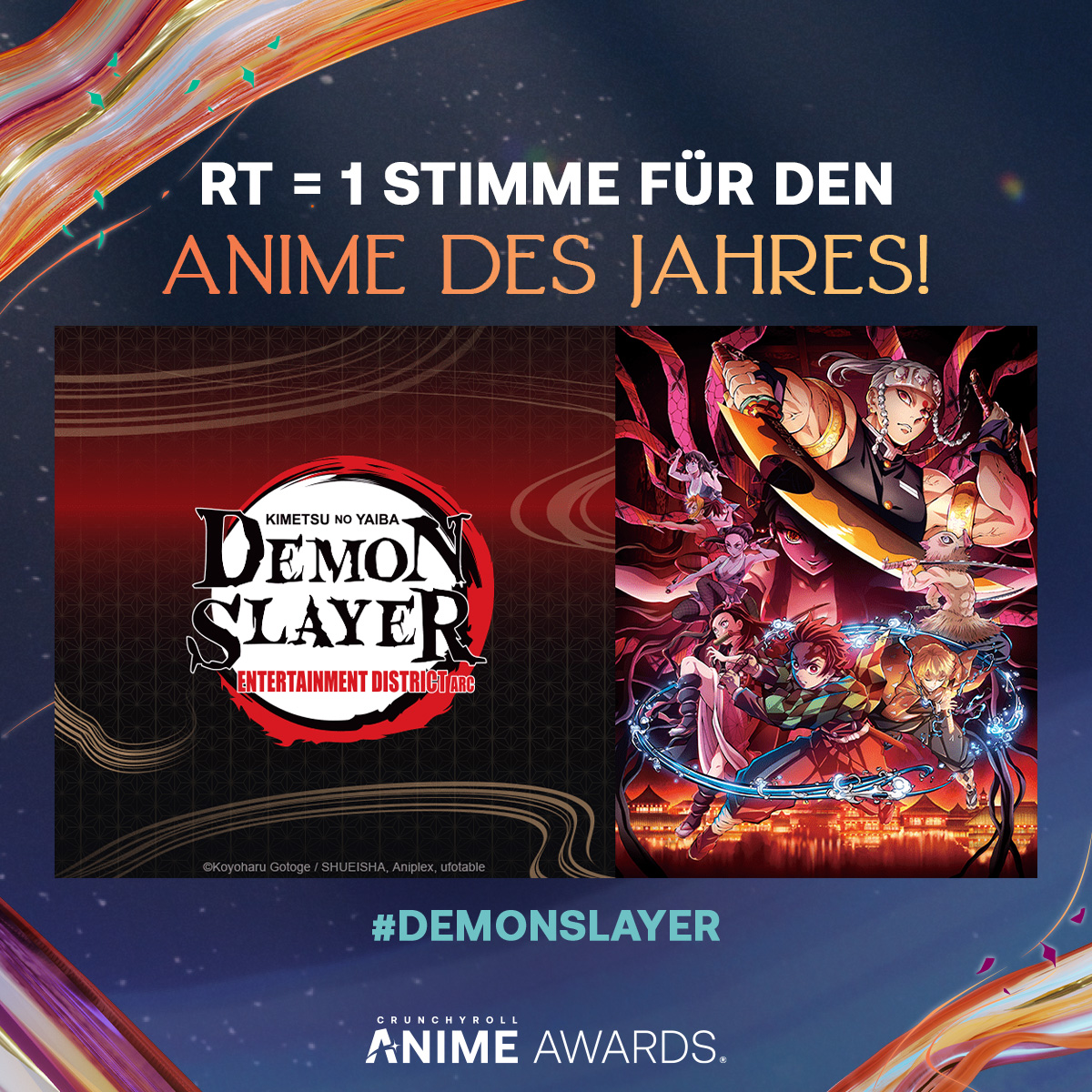 Crunchyroll_de's tweet image. 🌟 RT = 1 STIMME  🌟

🔥 #DemonSlayer Kimetsu No Yaiba Entertainment District Arc für den Anime des Jahres bei den #AnimeAwards 2023!

🗳 Gib deine Stimme für andere Kategorien ab: got.cr/3XEFZAq