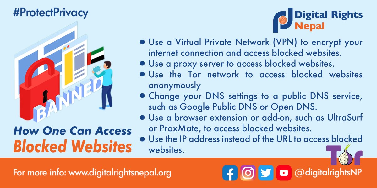 DigitalRightsNP's tweet image. Check out this handy poster on how to bypass blocked content! From using a VPN to trying proxy servers, there are multiple ways to avoid censorship and content filtering. 
#DataPrivacyWeek #censorship #contentfiltering #onlineprivacy #dataprivacy2023
