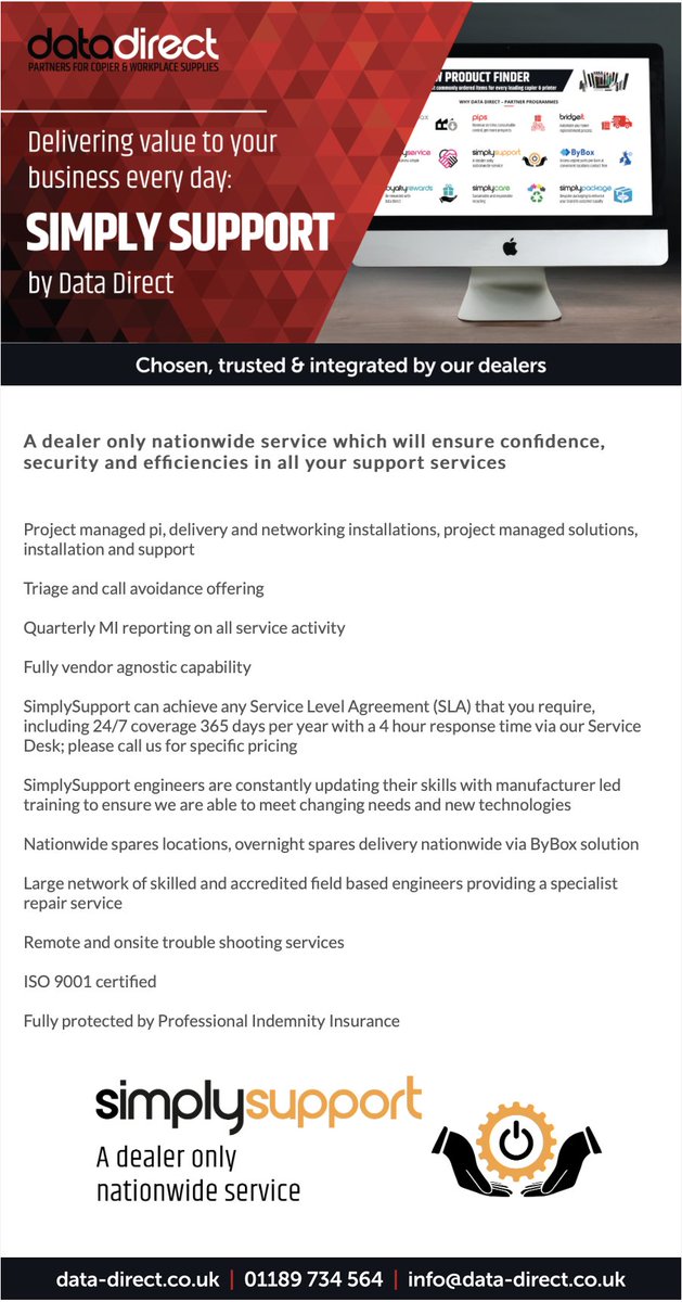 Simply Support: a dealer only nationwide service, by Data Direct - delivering value to your business every day.
Simply Support ensures confidence, security &amp; efficiencies in all your support services.
data-direct.co.uk/partner-progra…
#datadirect #supportservices #toner #copier