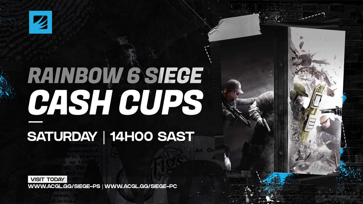6️⃣ Our #Rainbow6Siege cash cups happen every Saturday.

💰 Up to R1,000 cash per cup.

📝 Sign up for free:
🖱 PC - acgl.gg/siege-pc
🎮 Console Crossplay - acgl.gg/siege-ps

#R6ZA #esports #esportsZA #AfricanEsports #gaming #gamingZA