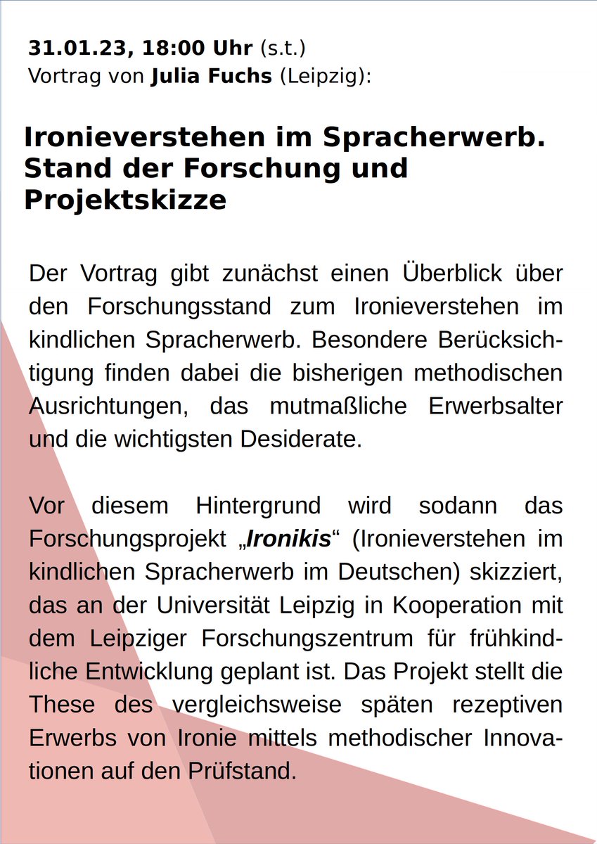 SPIGL (@SPIGL_Vortraege@fedihum.org) (@spigl_vortraege) on Twitter photo Nächste Woche beschließen wir das SPIGL-Semester mit einem Vortrag unserer Kollegin <a href="/JuliaFuchsUL/">Julia Fuchs</a> zu "#Ironieverstehen im #Spracherwerb".
31.01.23, 18:00
NSG 205 <a href="/UniLeipzig/">UNIVERSITÄT LEIPZIG</a>
Zoom: s. ogy.de/0y2h
#linguistics #linguistweets
Dazu möchten wir herzlich einladen! Nächste Woche beschließen wir das SPIGL-Semester mit einem Vortrag unserer Kollegin <a href="/JuliaFuchsUL/">Julia Fuchs</a> zu "#Ironieverstehen im #Spracherwerb".
31.01.23, 18:00
NSG 205 <a href="/UniLeipzig/">UNIVERSITÄT LEIPZIG</a>
Zoom: s. ogy.de/0y2h
#linguistics #linguistweets
Dazu möchten wir herzlich einladen!