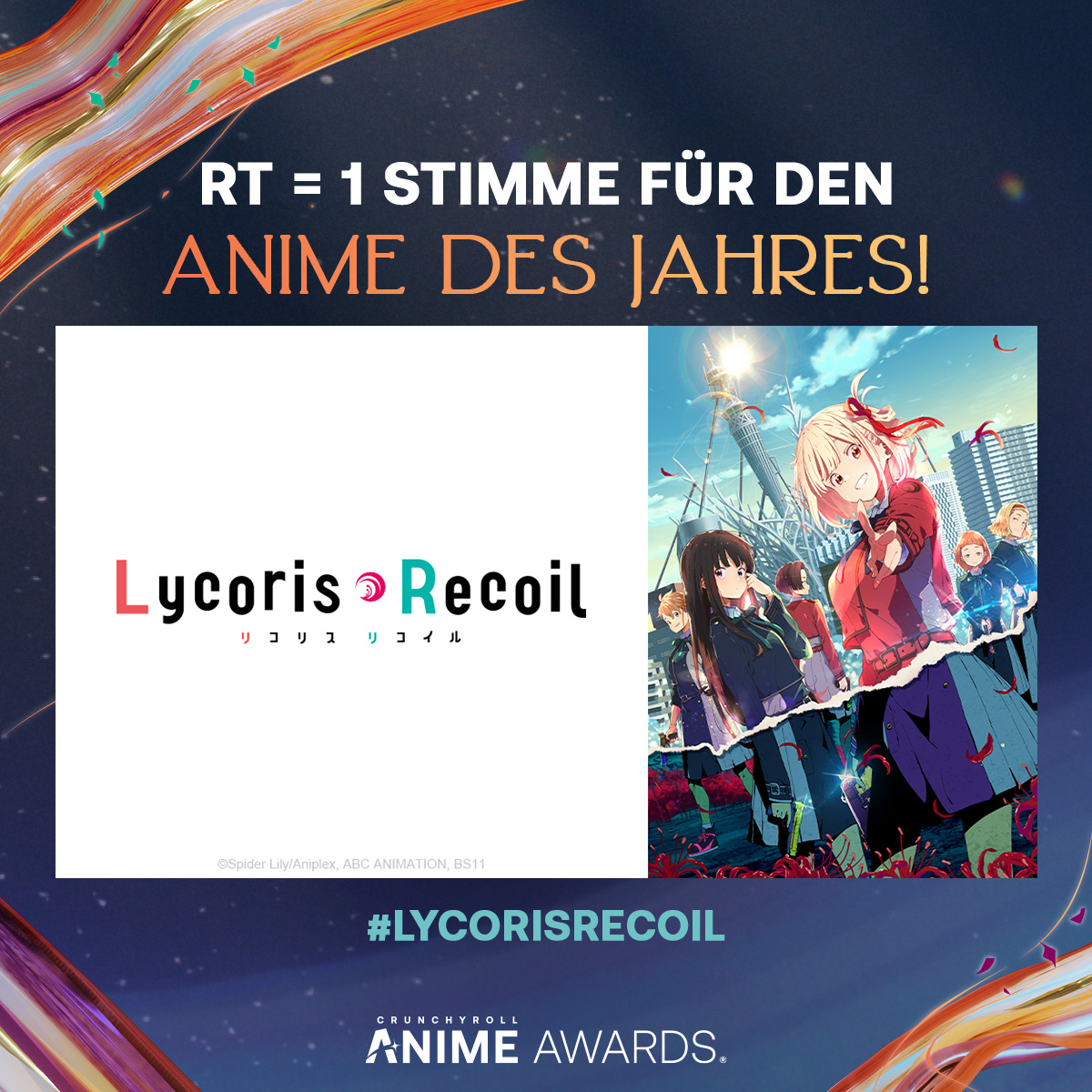Crunchyroll_de's tweet image. 🌟 RT = 1 STIMME 🌟

☕️ #LycorisRecoil für den Anime des Jahres bei den #AnimeAwards 2023!

🗳 Gib deine Stimme für andere Kategorien ab: got.cr/3XEFZAq