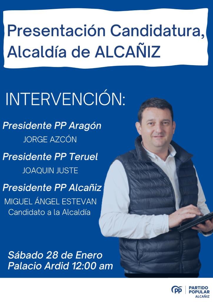 🔹Este sábado 28 de Enero, <a href="/Miguelaestevan/">Miguel Angel Estevan</a> presentará su candidatura para la alcaldía de #Alcañiz!!.🏡 

“Devolvamos la ilusión a Alcañiz”💪🏼

Por ello, os esperamos a todos en el Palacio Ardid a las 12:00 am, esperamos vuestra asistencia con muchas ganas.😊