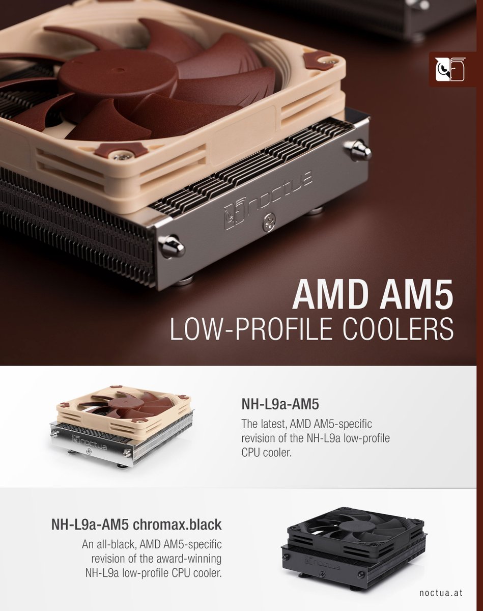 At a height of only 37mm, our new NH-L9a-AM5 and NH-L9a-AM5 chromax.black are an excellent choice for quiet, ultra-compact HTPCs or Small Form Factor (SFF) systems using the latest, AM5-based <a href="/AMDRyzen/">AMD Ryzen</a> processors: noctua.at/en/noctua-pres…