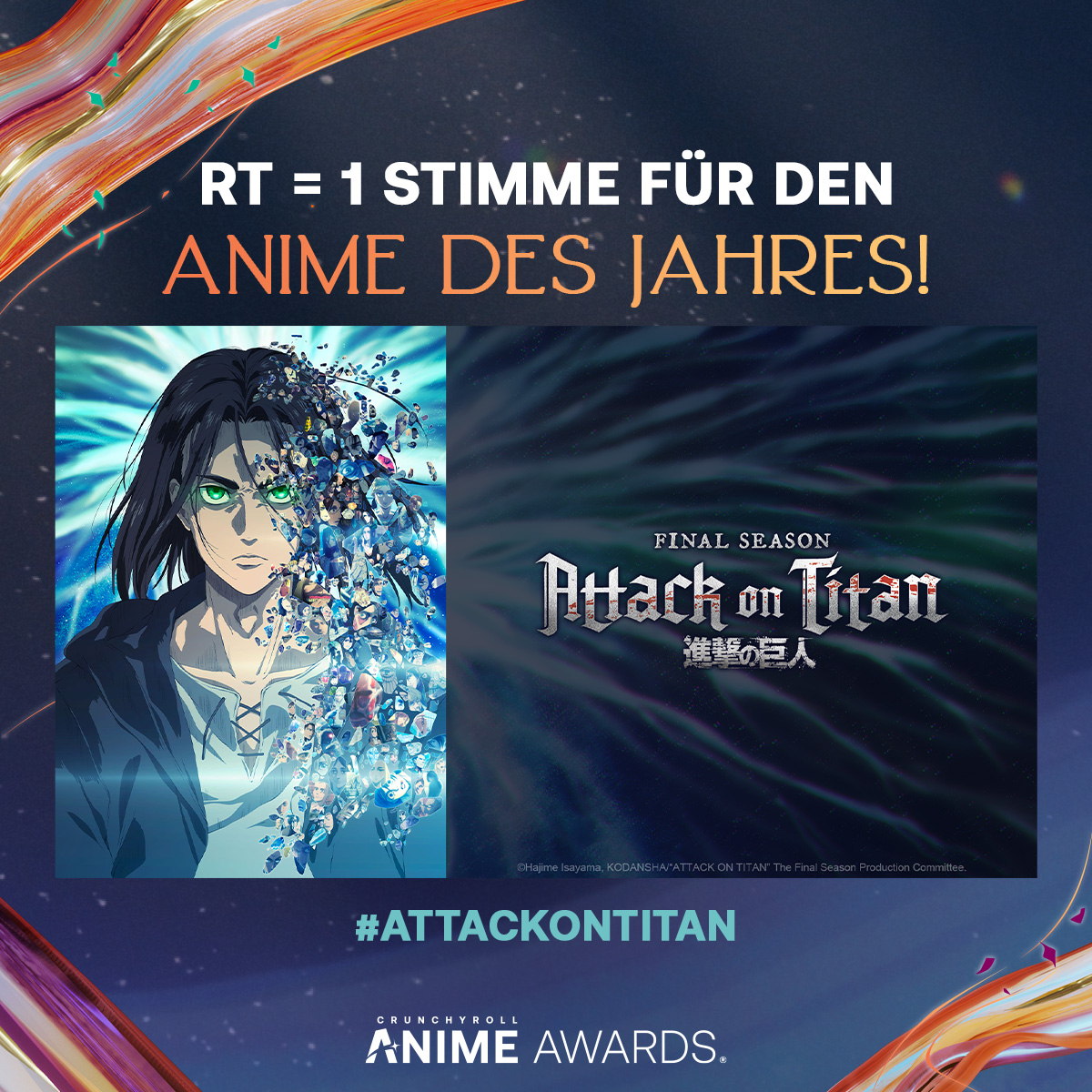 Crunchyroll_de's tweet image. 🌟 RT = 1 STIMME 🌟

⚔️ #AttackonTitan Finale Season Part 2 für den Anime des Jahres bei den #AnimeAwards 2023!

🗳 Gib deine Stimme für andere Kategorien ab: got.cr/3XEFZAq