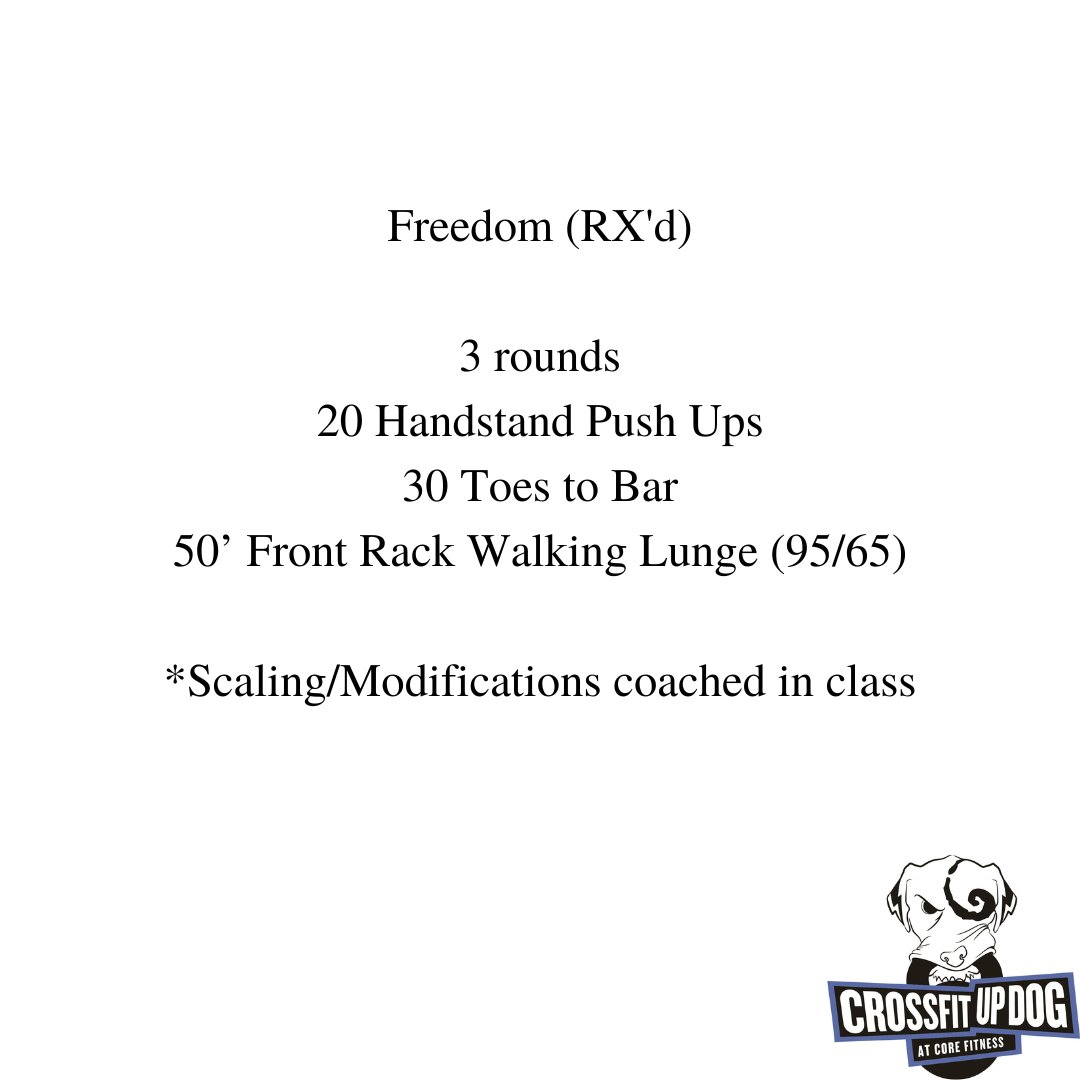 CrossFitUpDog's tweet photo. Tues, 01.24.23

Freedom (RX'd)

3 rounds
20 Handstand Push Ups
30 Toes to Bar
50’ Front Rack Walking Lunge (95/65)

*Scaling/Modifications coached in class

#crossfitupdog
#myrtlebeachcrossfit
#myrtlebeach
#crossfit
#communityworkouts
#socialfitness
#trainlocal
#gotcore https://t.co/SCly5GxnUH