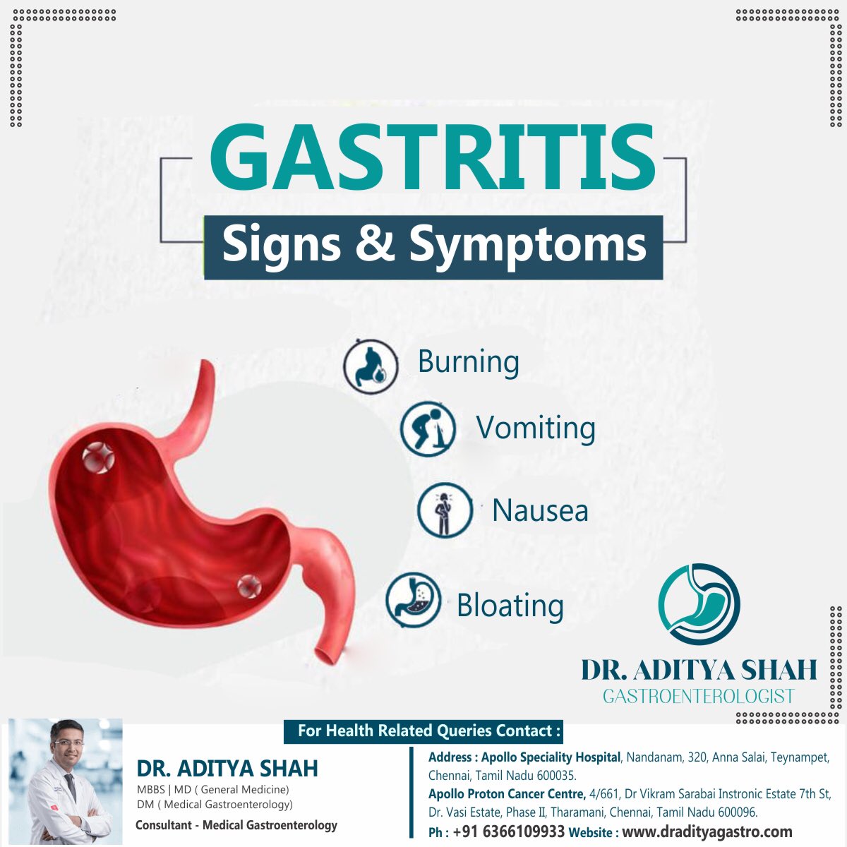 DrAdityaGastro's tweet photo. GASTRITIS SIGNS &amp; SYMPTOMS

▪️Burning
▪️Vomiting
▪️Nausea
▪️Bloating

#draditya #adityashah #burning #vomiting #nausea #bloating #gastrocare #gastroenterologist #gastroproblems #chennai #coloncancer #pepticulcer #ibs #gerd #hepatitis #gastrointestinalconditions #jaundice https://t.co/13yFHUTL30