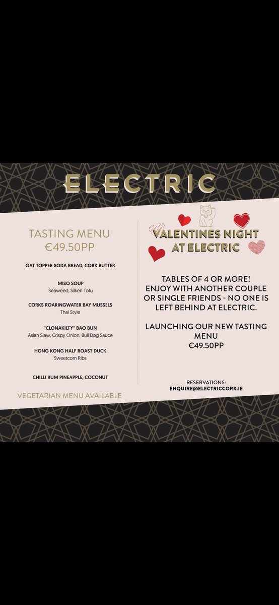 Electric Cork (@electriccork) on Twitter photo VALENTINES NIGHT @ ELECTRIC
❣️Tables of 4 or more
❣️Book with another couple
❣️Or group of singles
❣️Nobody is left behind this Valentines Day at Electric
🥁 Launching our brand new Tasting Menu on the evening!
Book now: enquire@electriccork.ie VALENTINES NIGHT @ ELECTRIC
❣️Tables of 4 or more
❣️Book with another couple
❣️Or group of singles
❣️Nobody is left behind this Valentines Day at Electric
🥁 Launching our brand new Tasting Menu on the evening!
Book now: enquire@electriccork.ie