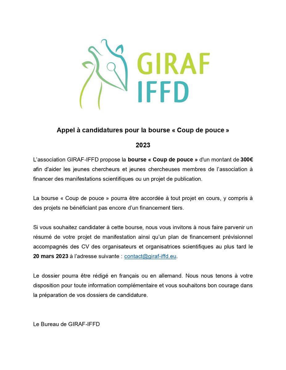 🚨🚨 Bourse "Coup de pouce" 2023/ Anschubfinanzierung 
*300€*
aide à l'organisation de projets scientifiques -
Unterstützung von wissenschaftlichen Veranstaltungen oder Publikationen
infos: ↪️