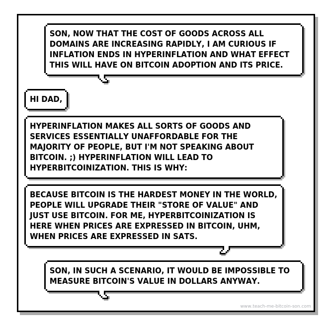 Dad: Son, now that the cost of goods across all domains are increasing rapidly, I am curious if inflation ends in hyperinflation and what effect this will have on Bitcoin adoption and its price.
Son: Hi Dad,
Hyperinflation makes all sorts of goods and services essentially unaffordable for the majority of people, but I'm not speaking about bitcoin. ;)  Hyperinflation will lead to Hyperbitcoinization. This is why:
Because bitcoin is the hardest money in the world, people will upgrade their "store of value" and just use bitcoin.For me, Hyperbitcoinization is here when prices are expressed in bitcoin, uhm, when prices are expressed in sats.
Dad: Son, in such a scenario, it would be impossible to measure bitcoin's value in dollars anyway.
