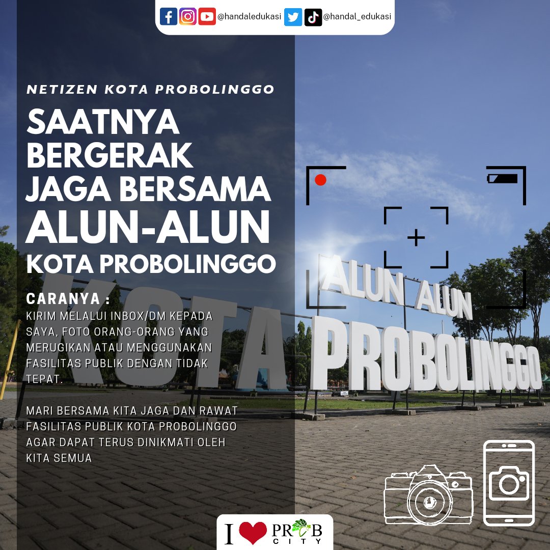 Dari berbagai inbox laporan mention yang saya terima, maka sebagai wujud kebersamaan kita antara pemerintah dan masyarakat dalam menjaga fasilitas publik, seperti halnya alun-alun Kota Probolinggo maka saya minta kepada netizen Kota Probolinggo,