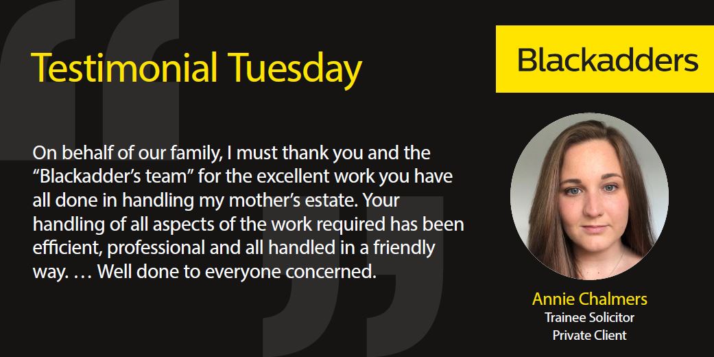 BlackaddersLLP's tweet photo. Lovely client feedback for our Private Client Trainee Solicitor, Annie Chalmers, well done 👏👏⭐

#testimonialtuesday #privateclient #welldone @BlackaddersLLP https://t.co/Dhmw8RZDW5