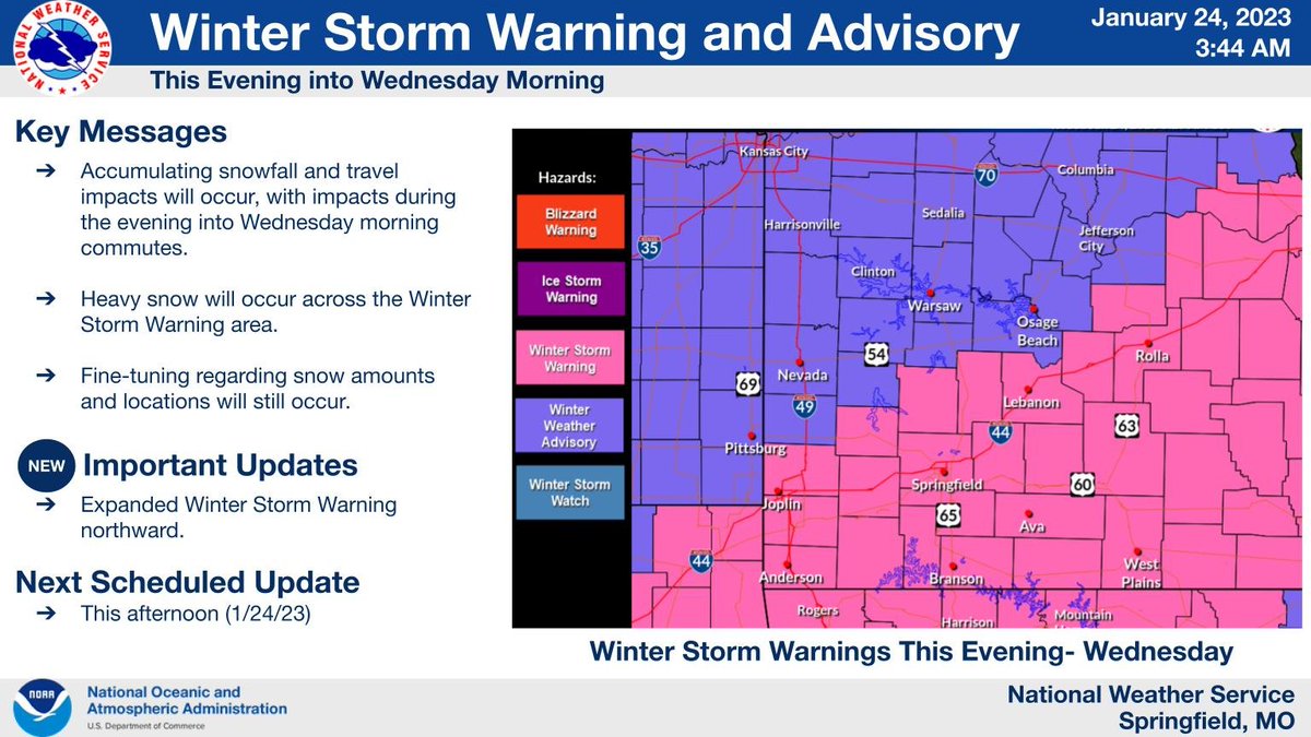 NWSSpringfield's tweet photo. Here is the latest info on the upcoming winter storm. Snow will really increase by this evening with the heaviest snowfall expected along and south of the I-44 corridor. Use extreme caution if traveling tonight through Wednesday morning. #sgf #mowx #kswx #ozarkswx #midmowx https://t.co/9bsjPLe8R7