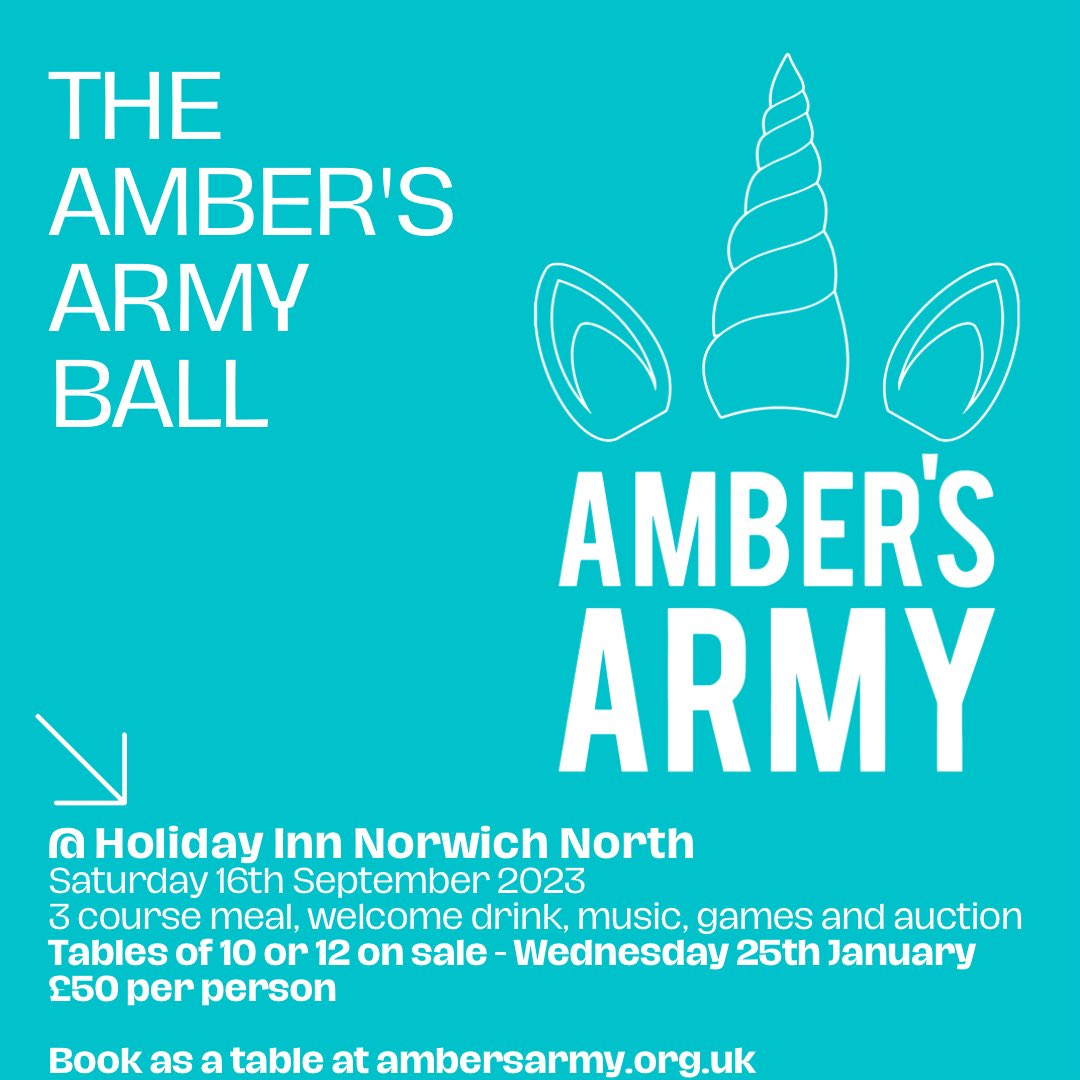 It's time to assemble your tables of 12 (or 10)! 🕺💃

The Amber's Army Ball will take place on Saturday 16th Sept.

The night includes a welcome drink, 3 course meal, music, games and auction for £50 per person. A night guaranteed to make everyone smile 😆

#clapforamber #ncfc