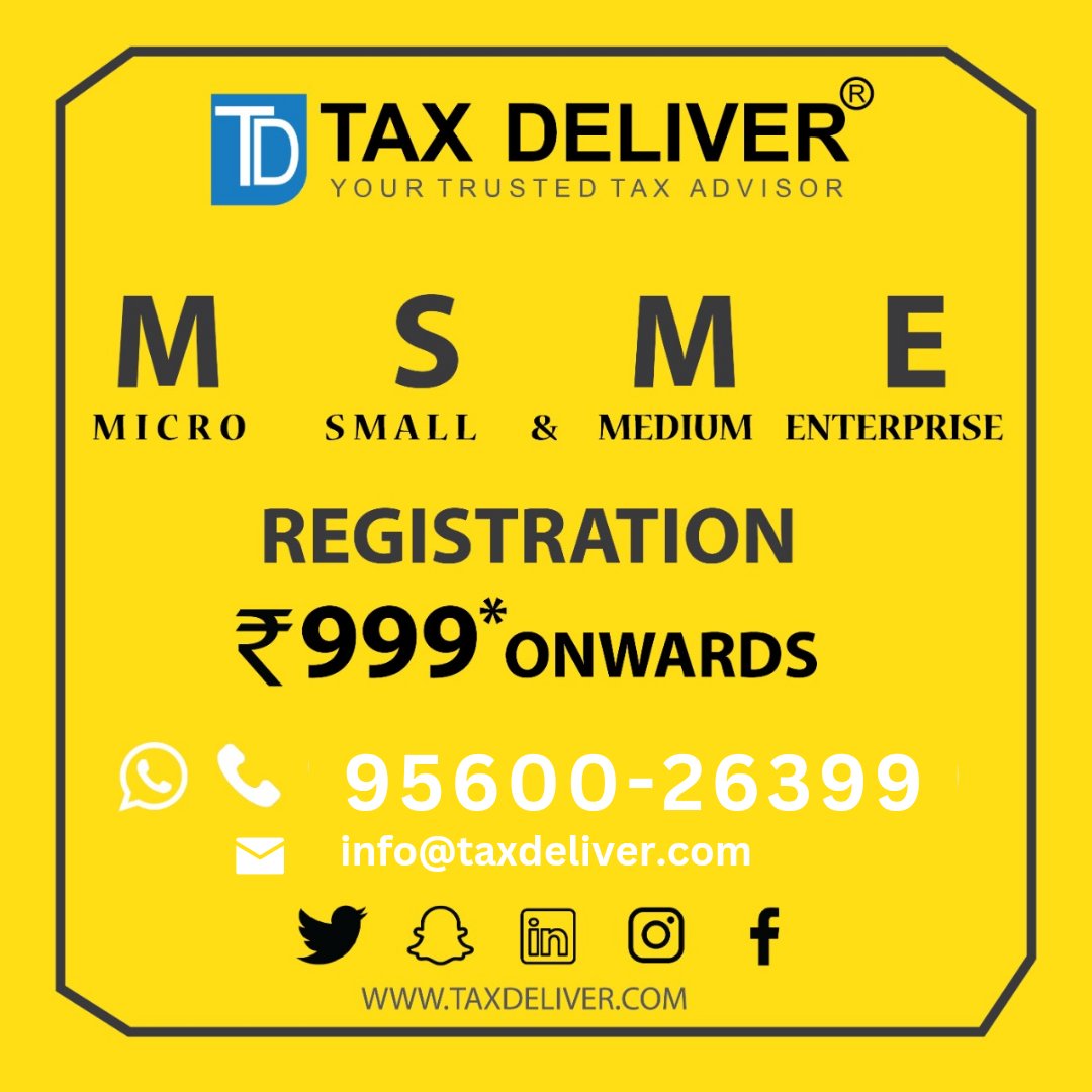 Get your firm registered under MSME with us.
For more details contact:
📲 95600-26399
📩 info@taxdeliver.com
#MSME #msmeregistration