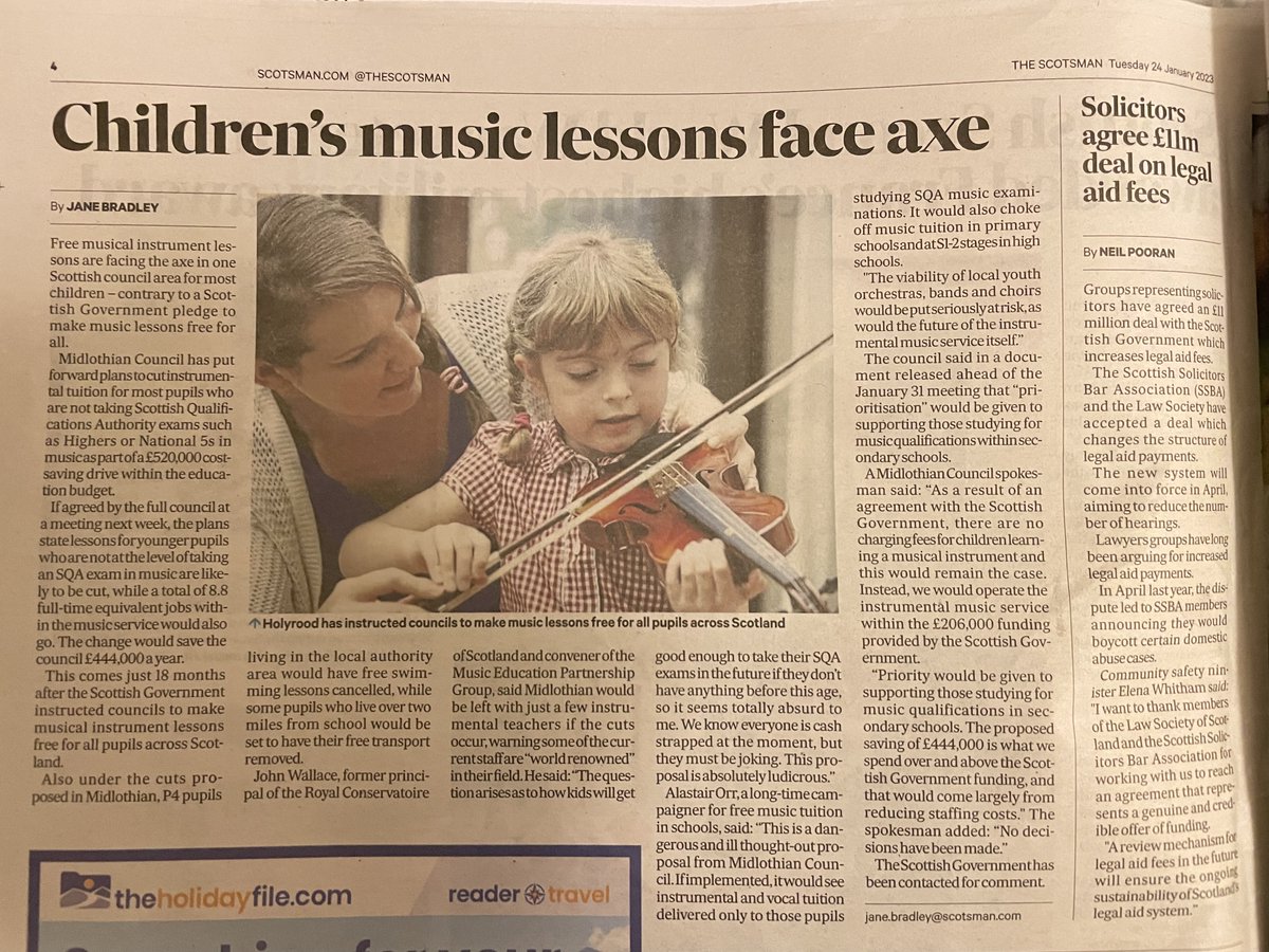The struggle to provide Free Instrumental Lessons continues in Midlothian Council, but we will keep working to protect against cuts! 
Read more on page 4 of The Scotsman today. We will keep on it; you can help by adding your voice.