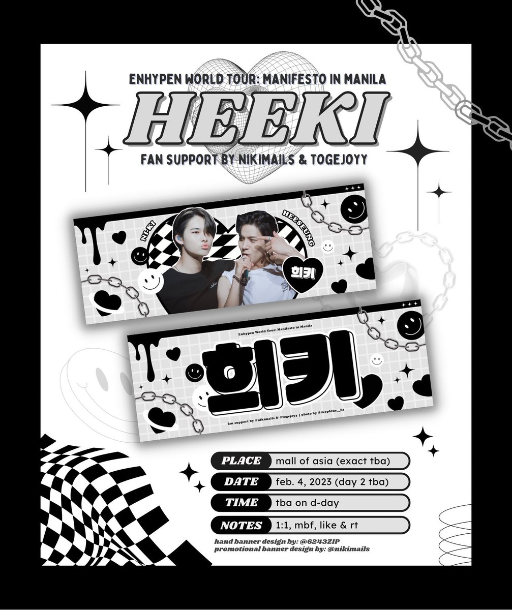 nikimails's tweet photo. manifesto in manila fan support by @nikimails ♡

— heeki &amp; ni-ki cheering banners!

to claim:
𓂋 like &amp; rt, mbf
𓂋 open for donations
𓂋 see thread for other info! ☻ 
𓂋 hopefully u could tag me once u get one :> 

see you!! ♡

@ENHYPEN_members #MANIFESTO_IN_MANILA https://t.co/2lZOkorHSO