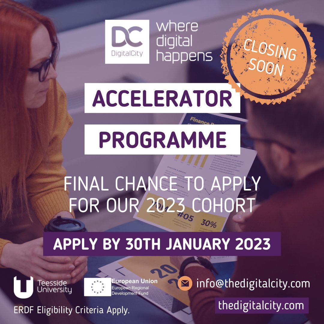 The_DigitalCity's tweet image. Less than one week left to apply for our 2023 Accelerator Programme!

Get in touch if you&apos;re an early-stage Tees Valley digital/tech start-up and are looking to fast track your growth 🚀

Applications close on 30 January.

Apply now: bit.ly/3yFrAsE