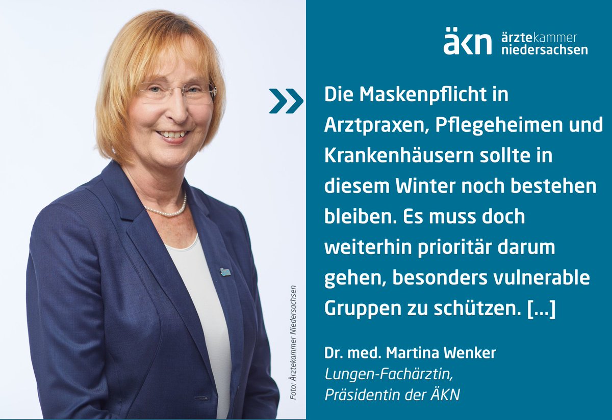 ÄKN-Präsidentin Martina Wenker setzt sich für eine Beibehaltung der #Maskenpflicht in Praxen und Gesundheitseinrichtungen ein. Damit positioniert sie sich gegen KVB-Chef Gassen, der das Masken-Aus forderte. Jetzt u. a. in der <a href="/noz_de/">NOZ</a> nachlesen: tinyurl.com/NOZWenkerMaske…